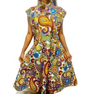 Multicolored African paisley print flowy midi dress with bowtie